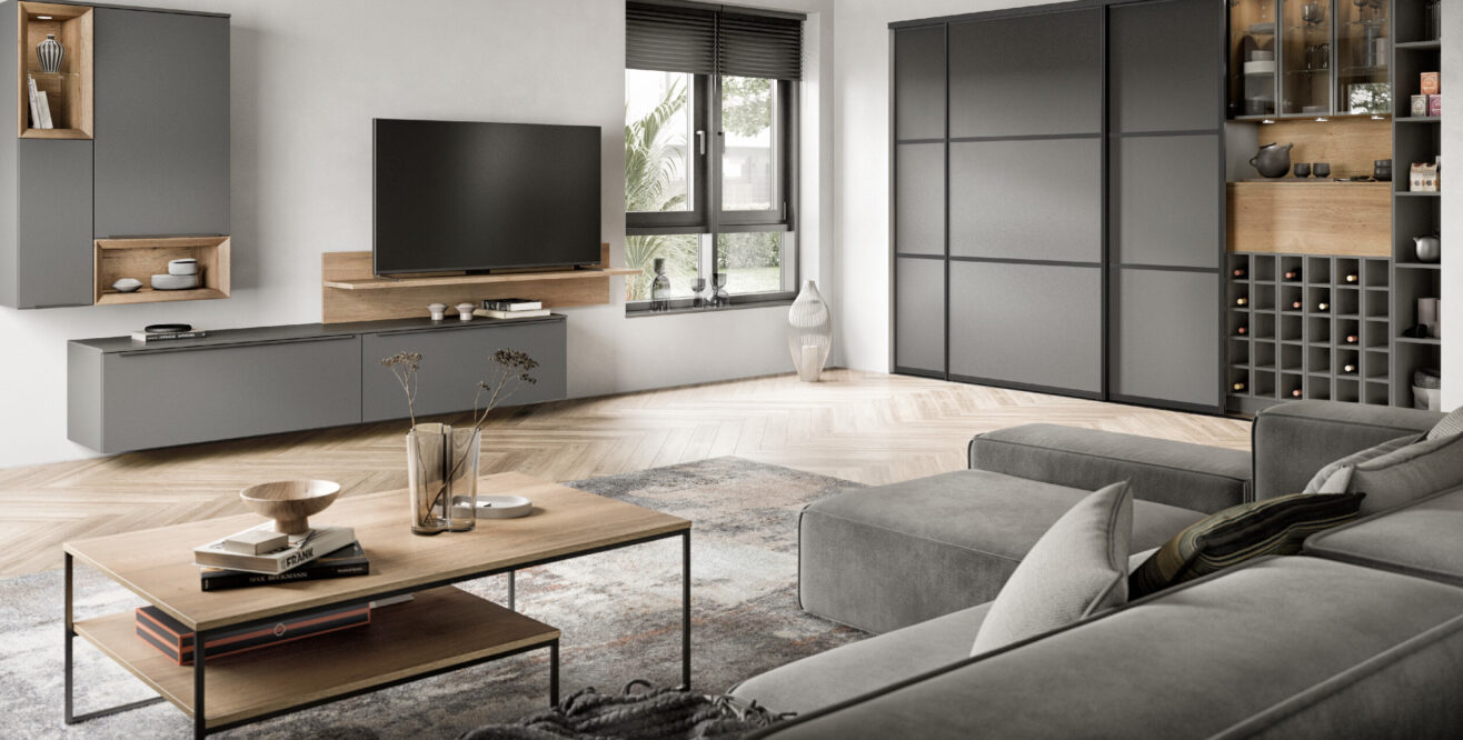 salón muebles grises