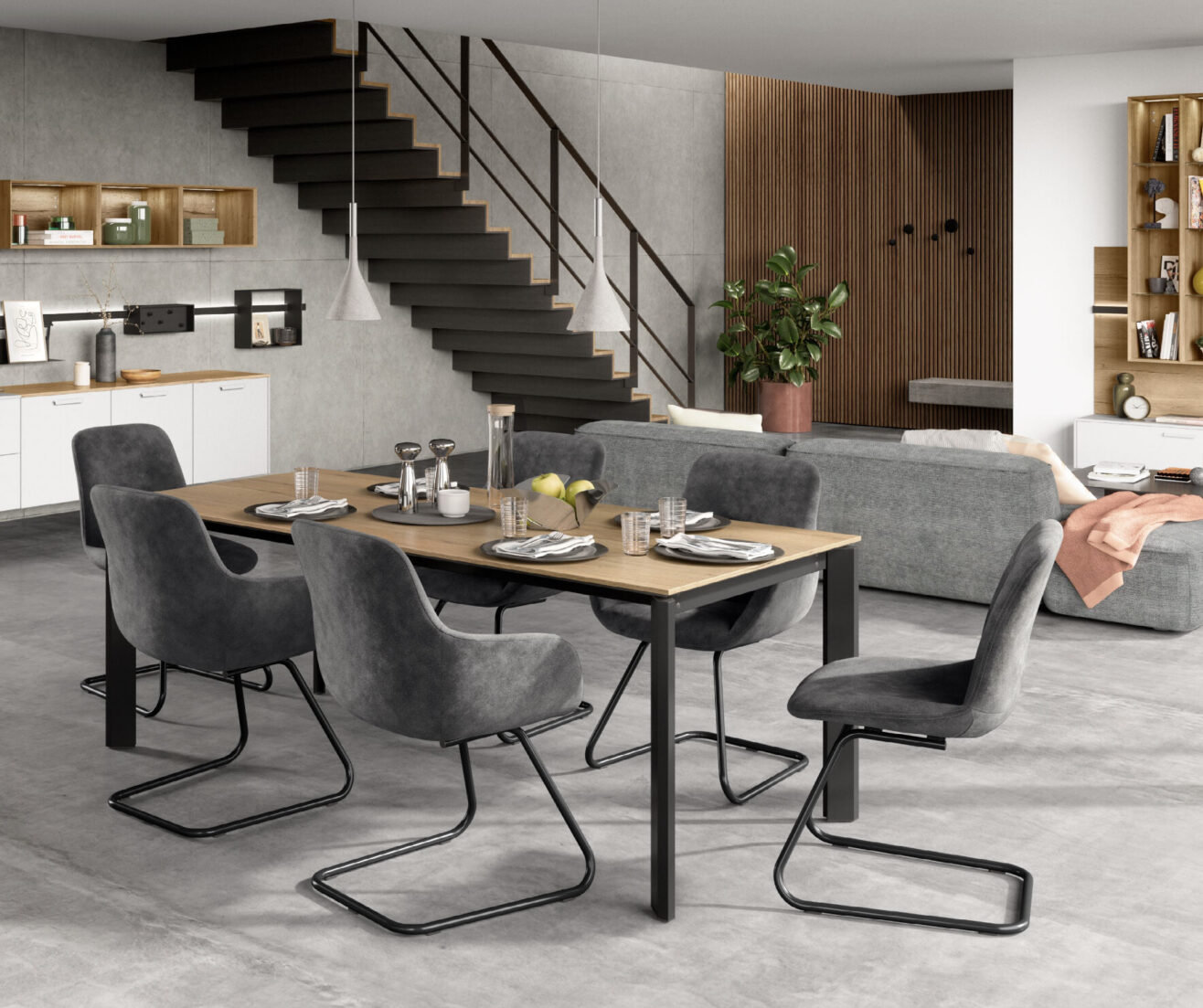 sofá y sillas grises